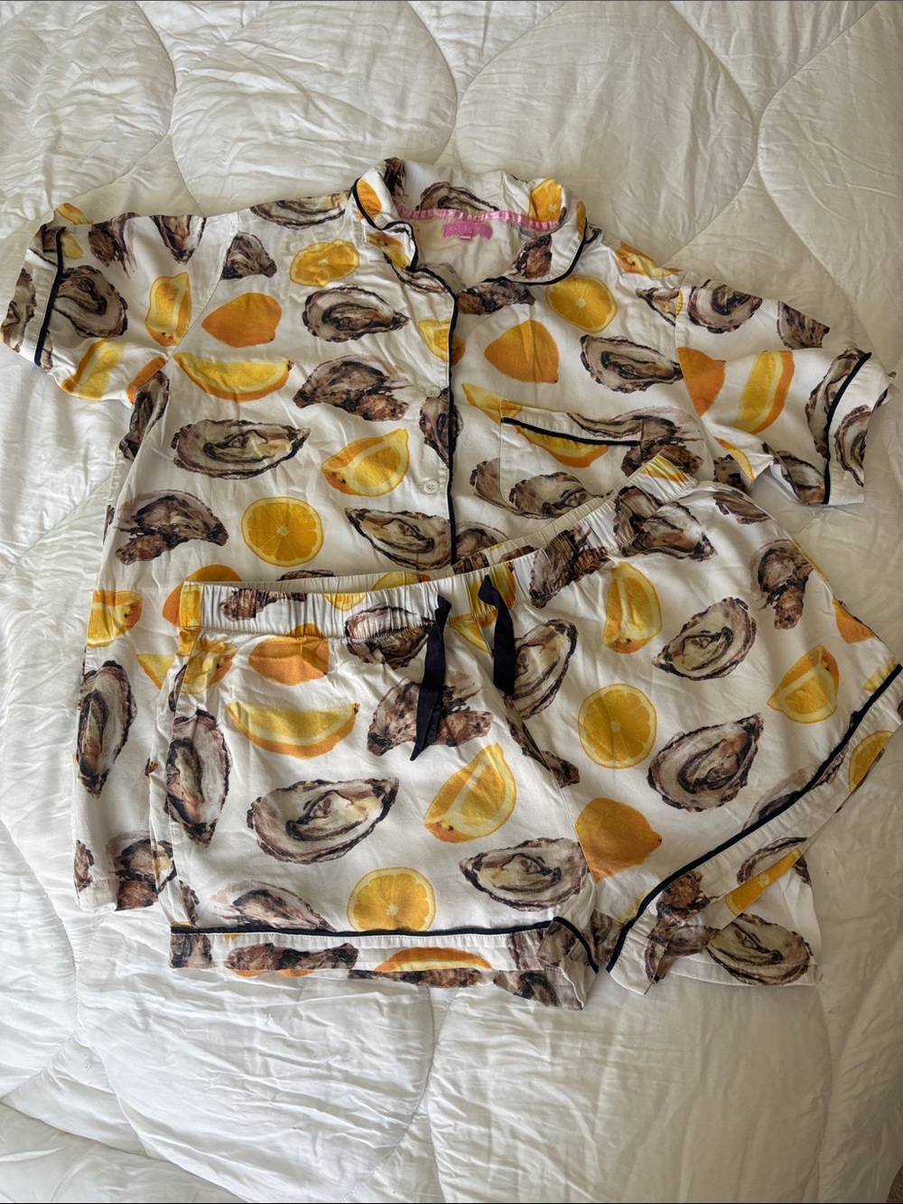 Woven Oyster & Lemon Print Short PJ Set - White/Yellow
